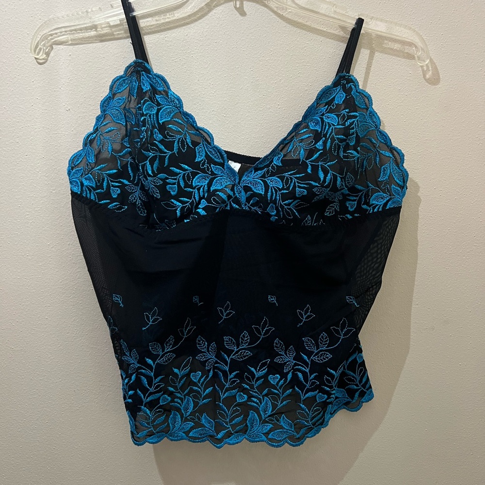 Sheer Black and Blue Lace Cropped Chemise